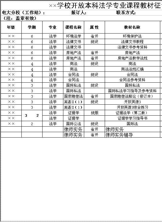 学校开放本科法学专业课程教材征订表Excel模板