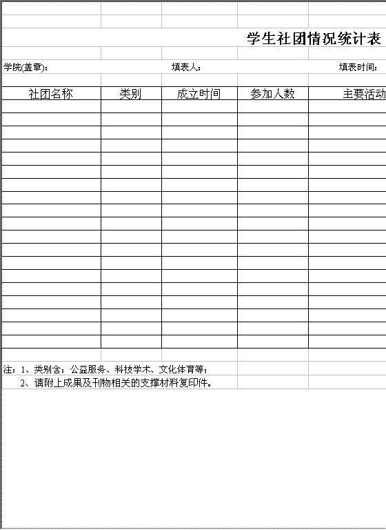 学生社团情况统计表Excel模板