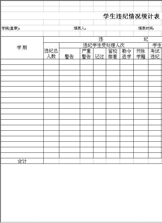 学生违纪情况统计表Excel模板