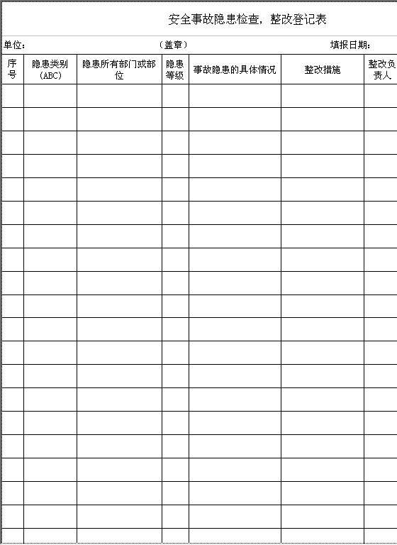 安全事故隐患检查、整改登记表Excel模板