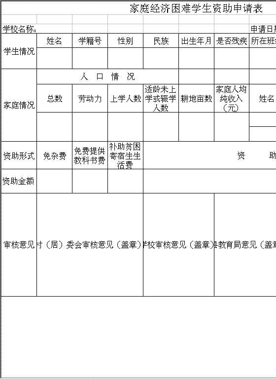 家庭经济困难学生资助申请表Excel模板