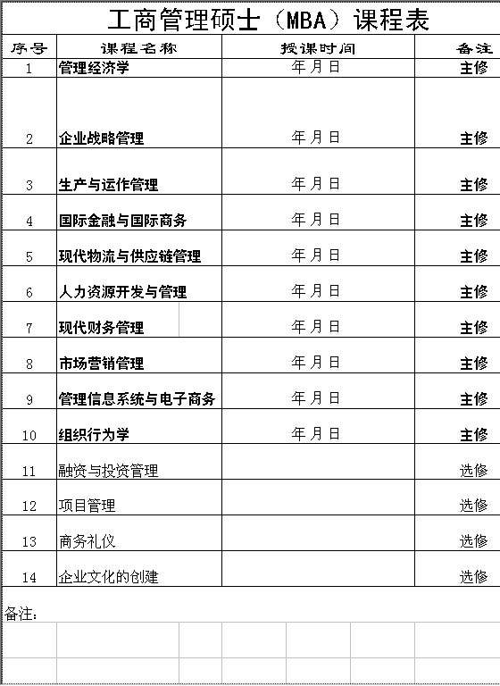 工商管理硕士（MBA）课程表Excel模板