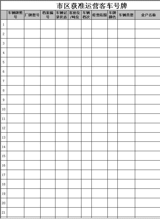 市区获准运营客车号牌Excel模板
