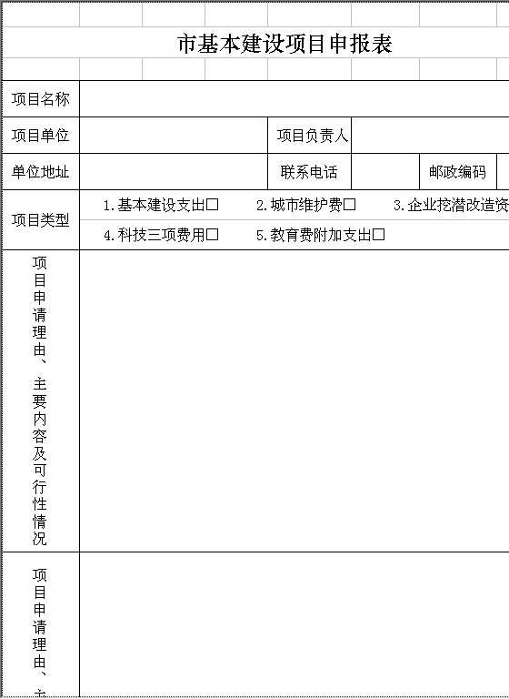 市基本建设项目申报表Excel模板