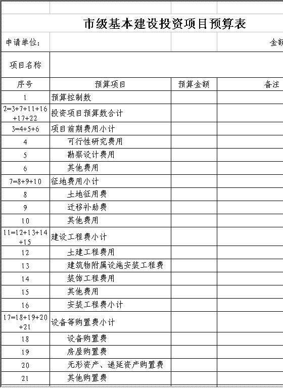 市级基本建设投资项目预算表Excel模板