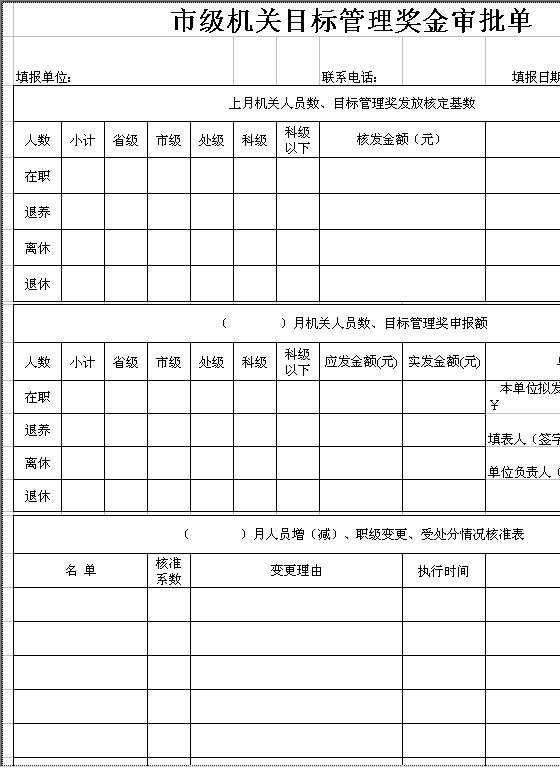 市级机关目标管理奖金审批单Excel模板