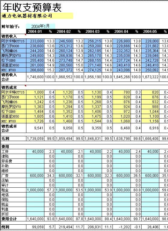 年度收支预算表Excel模板