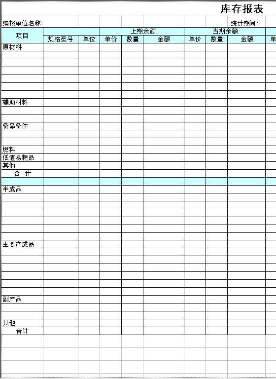 库存报表Excel模板