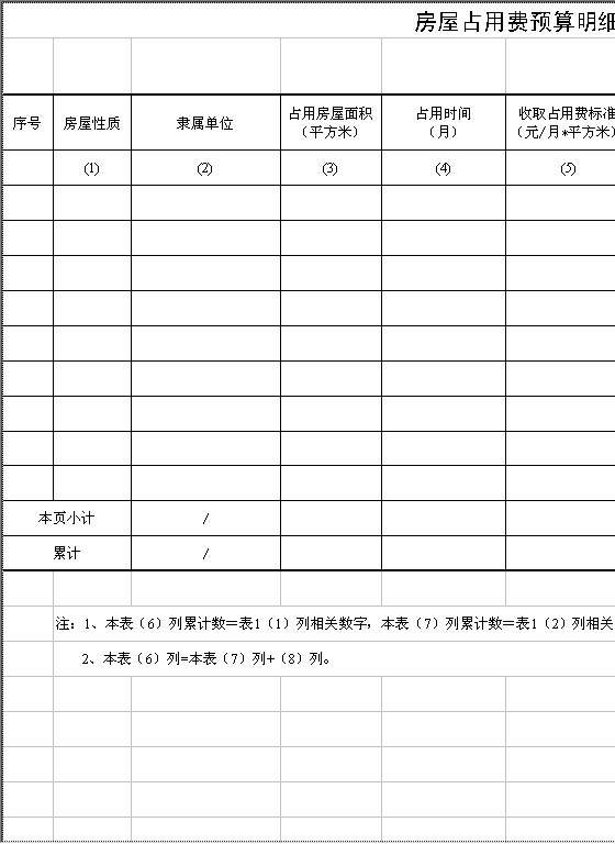 房屋占用费预算明细表Excel模板