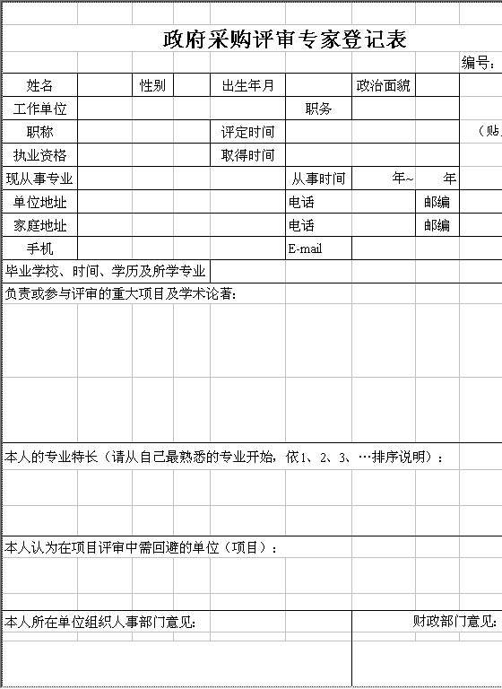 政府采购评审专家登记表Excel模板