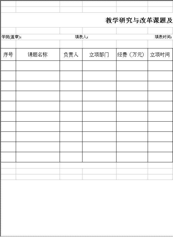 教学研究与改革课题及成果一览表Excel模板