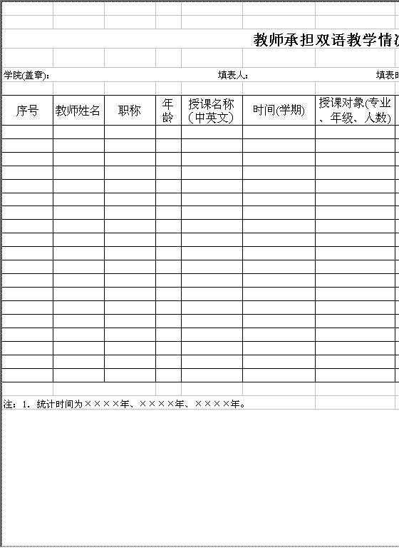 教师承担双语教学情况统计表Excel模板