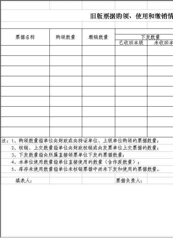 旧版票据购领、使用和缴销情况表Excel模板