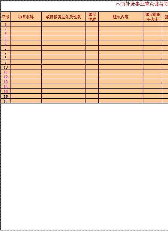 社会事业重点储备项目Excel模板