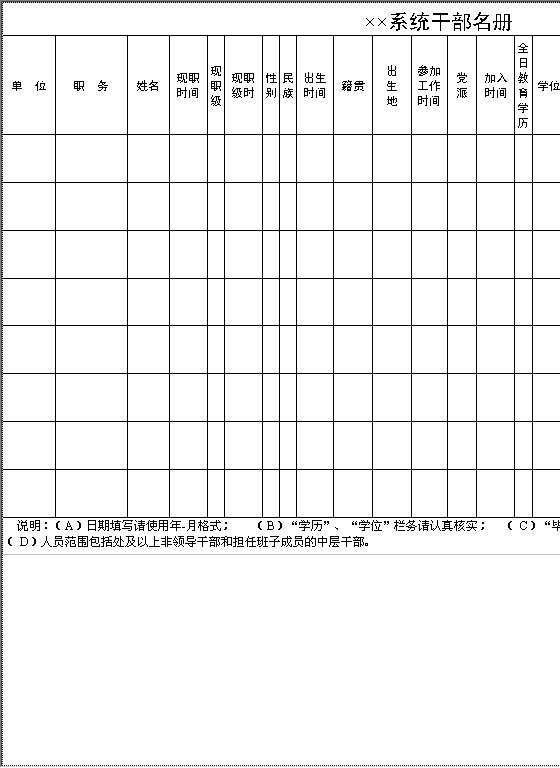 系统干部名册Excel模板