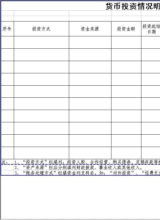 货币投资情况明细表Excel模板