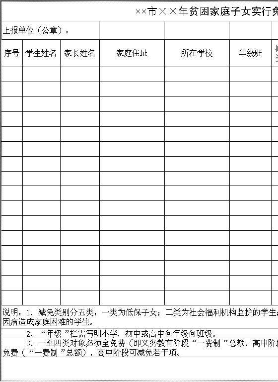 贫困家庭子女实行免费教育学生名册Excel模板