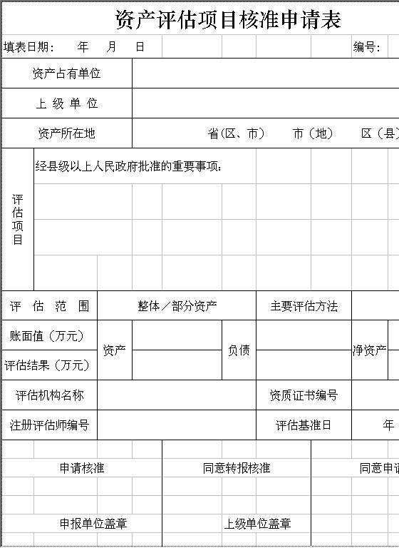 资产评估项目核准申请表Excel模板