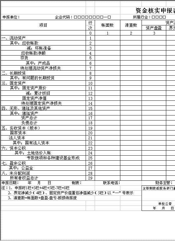 资金核实申报表Excel模板