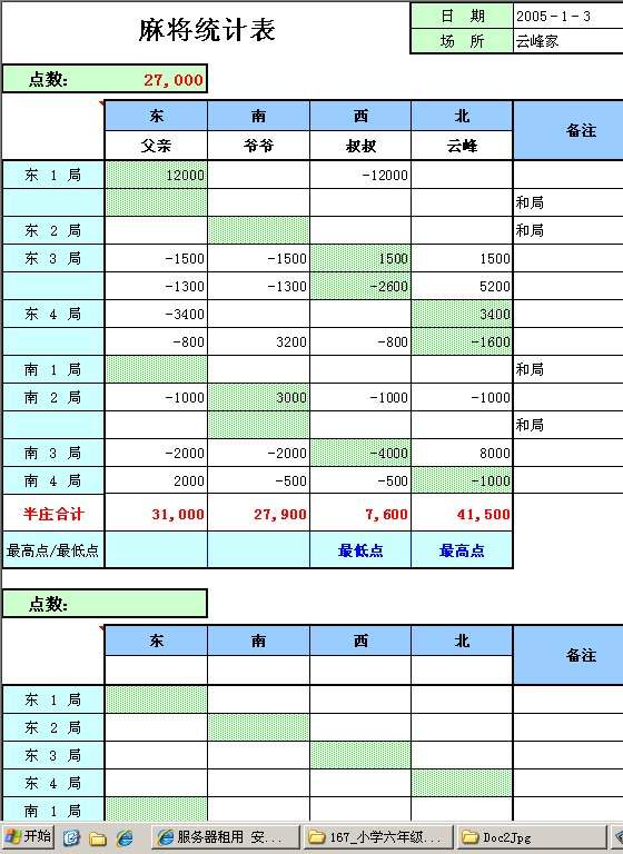 麻将统计表Excel模板