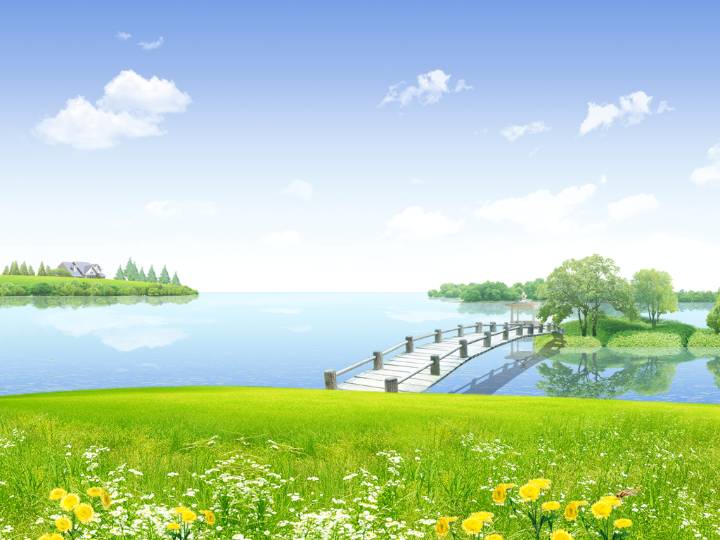 湖岸小桥风景背景PPT模板